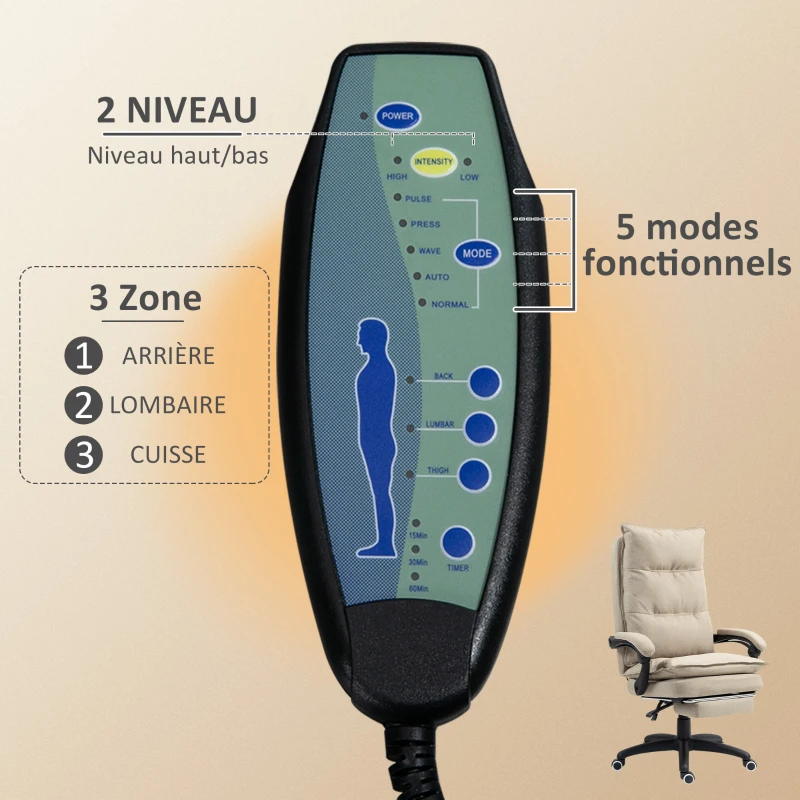 Vinsetto Fauteuil de bureau massant avec hauteur réglable, dossier inclinable, repose-pied intégré et télécommande filaire beige