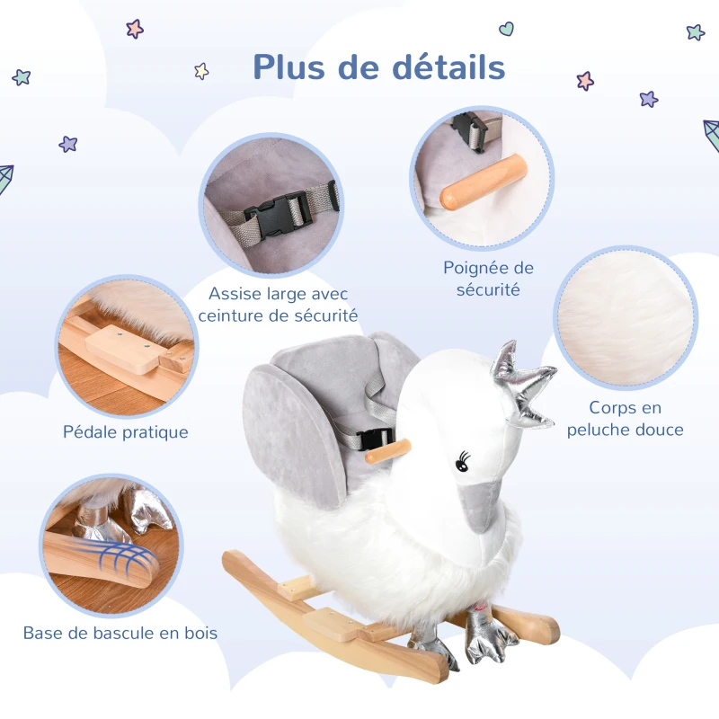 HOMCOM Cheval à Bascule modèle Cygne Fonction Musicale Selle Grand Confort Peluche Courte Douce Bois peuplier Blanc et Gris dim. 60L x 33l x 59H cm