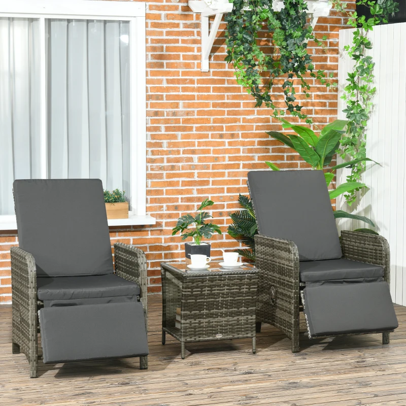 Outsunny 3 Pieces Rattan Bistro Set Balcony Furniture with Cushions, Storage Function - Mix-Grey