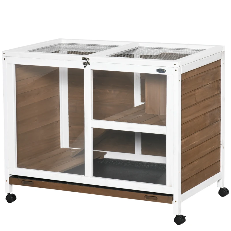 PawHut Wooden Rabbit Hutch, Bunny Cage w/ Tray, Ramp, Openable Roof, Wheels, 91.5 x 53.3 x 73cm - Brown