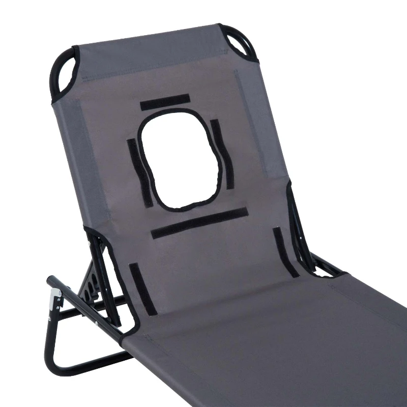 Outsunny Bain de soleil chaise longue pliante avec appuie-tête, trou de lecture, transat inclinable 4 positions en Oxford 600D, transat jardin extérieur camping piscine terrasse, 190x56x28cm, gris