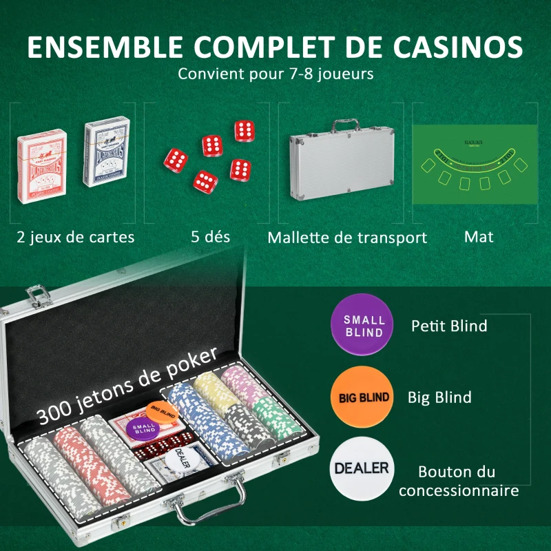SPORTNOW Mallette de Poker Coffret de Poker Complet, verrouillable, avec 300 jetons 2 Jeux de Cartes 3 boutons 1 Tapis en Feutre