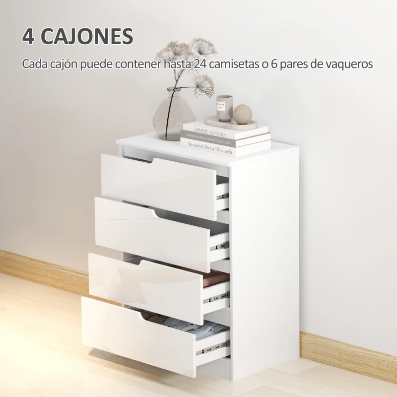 HOMCOM Cómoda con 4 Cajones Cómoda de Dormitorio Moderno con Anti-vuelco Cajonera para Salón Pasillo 60x40x85 cm Blanco(m-4)