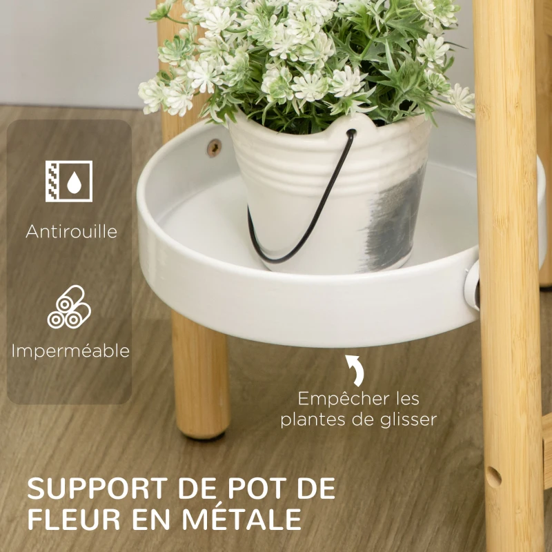 Outsunny Support pour plantes étagère à fleurs à 4 niveaux en bambou et métal pour extérieur intérieur 28 x 28 x 80 cm blanc