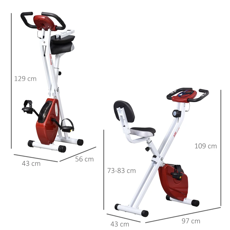 HOMCOM Cyclette Pieghevole da Fitness in Acciaio, Cyclette Magnetica Pieghevole da Casa con Altezza Regolabile, Resistenza Magnetica a 8 Livelli, Schermo LCD, 43x97x109cm, Rosso