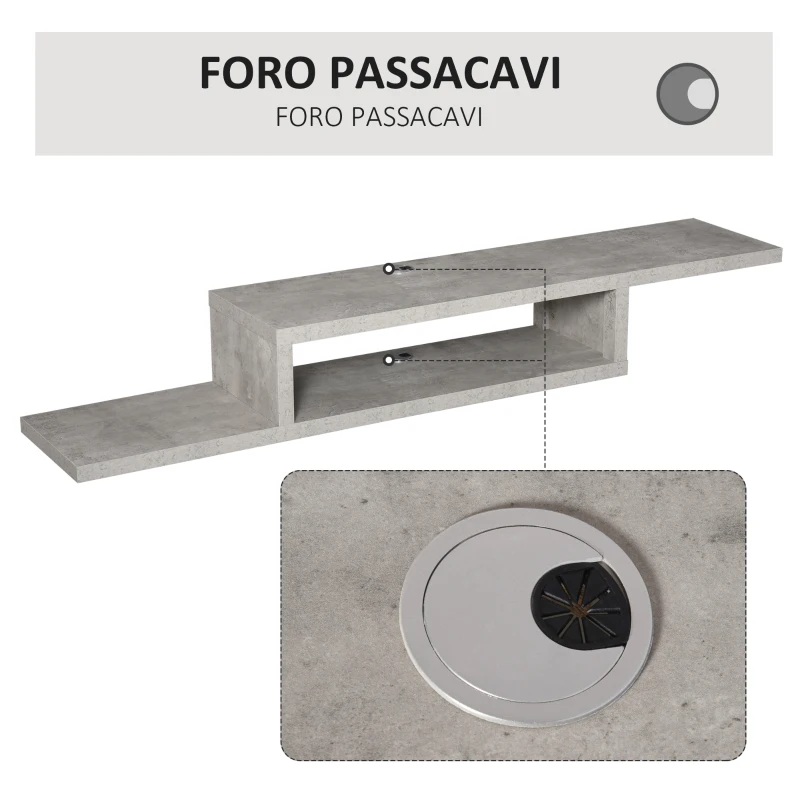HOMCOM Mobile Sotto TV con Design Moderno Sospeso a Parete Grigio Cemento con 2 Ripiani e Passacavi, 152.4x29.8x21cm