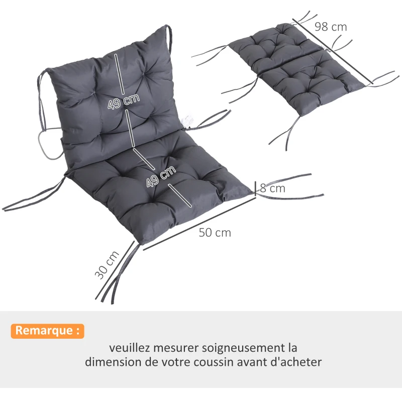 Outsunny Lot de 2 coussins de chaise d'extérieur, galette de chaise avec attaches, coussins de jardin pour terrasse ou balcon, 98 x 50 x 8 cm, gris