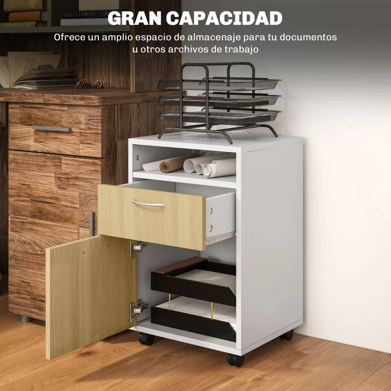HOMCOM Cajonera de Oficina Móvil con Cajón y Armario con Ruedas Soporte de Impresora para Estudio 40x35x60 cm Blanco y Natural