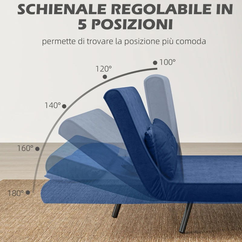 HOMCOM Divano Letto 3 in 1 in Tessuto Effetto Velluto con Schienale Regolabile e 2 Cuscini, 102x73x81 cm, Blu