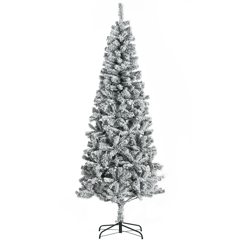 HOMCOM Albero di Natale Slim Artificiale 210 cm con Rami Realistici, Albero di Natale Innevato Alto e Stretto con Base Pieghevole, Verde