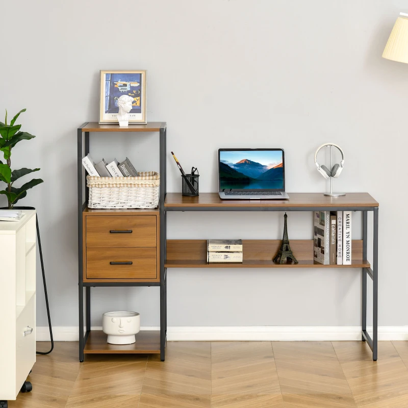 HOMCOM Escritorio con Estantería Mesa de Ordenador Escritorio de Oficina con Múltiples Estantes 140x50x110 cm Nogal y Negro