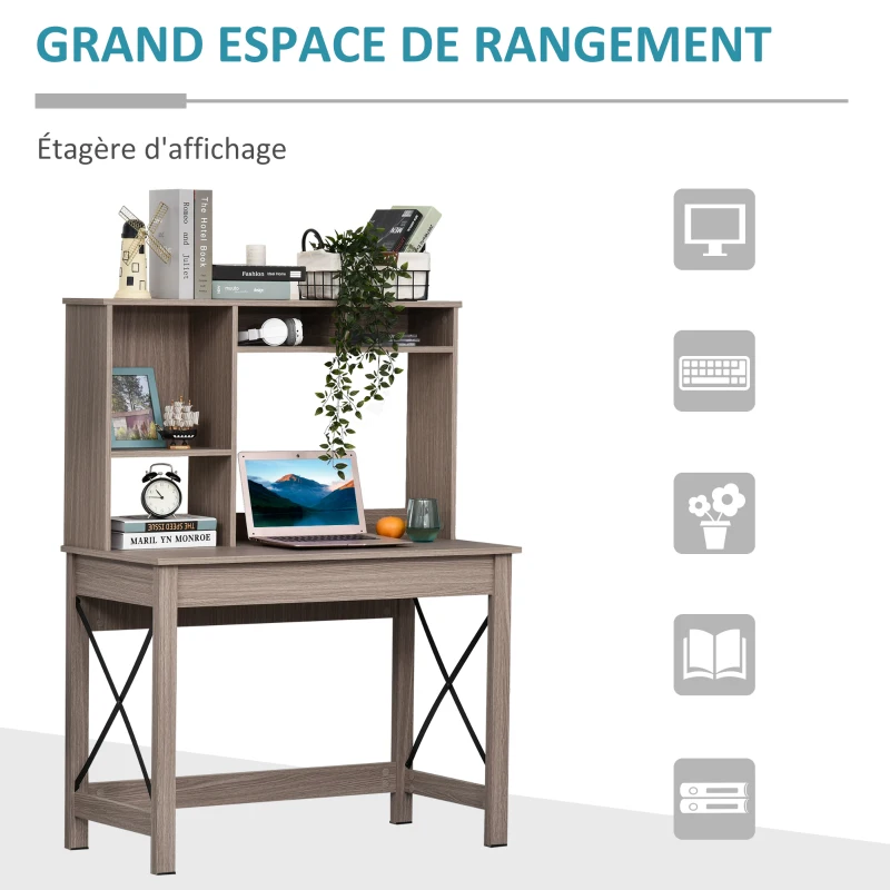 HOMCOM Bureau avec rangement bureau bibliothèque bureau en bois moderne avec étagères et grand plateau pour petits espaces bureau à domicile chambre à coucher, 105 x 50 x 137,5 cm, aspect marron clair