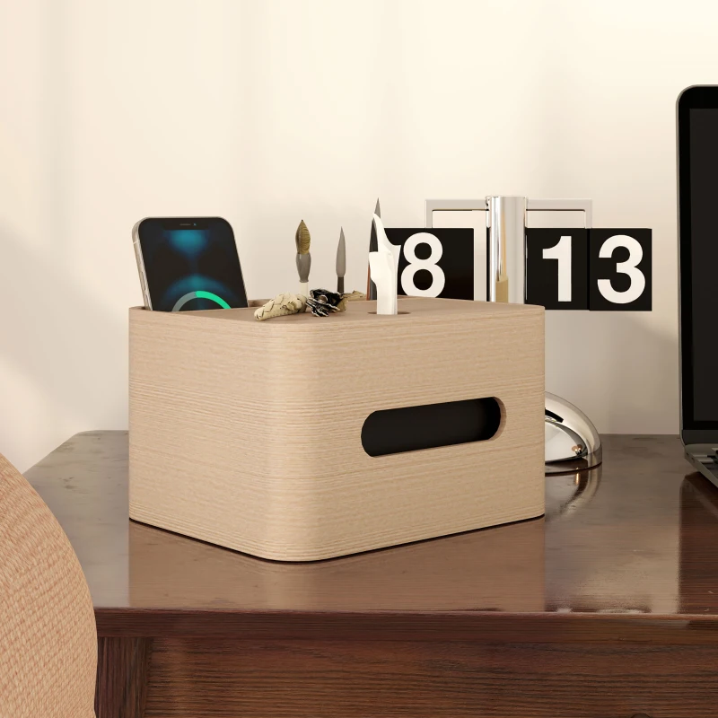 HOMCOM Organiseur de bureau rangement bureau multifonction avec 2 compartiments boîte à mouchoirs en bois naturel