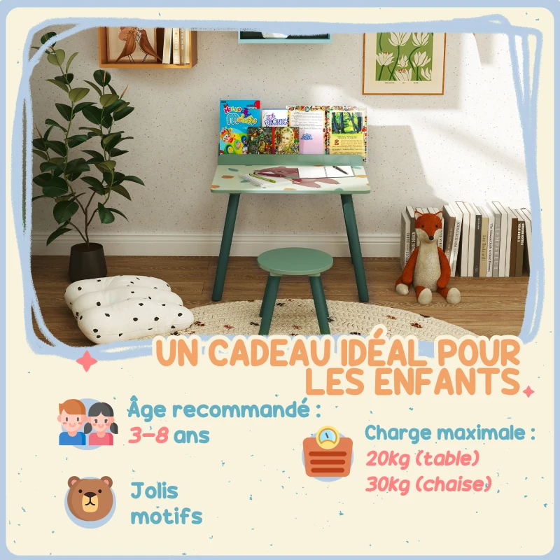 AIYAPLAY Ensemble table et chaise enfant table pour enfant avec chaise avec porte-livres motifs d'ours pour enfants 3-8 ans vert