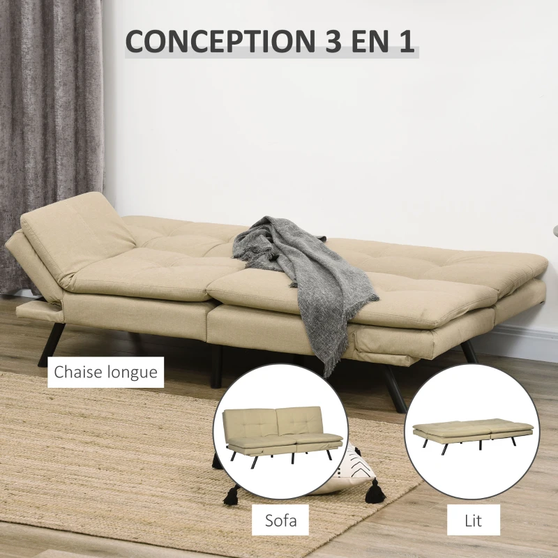 HOMCOM Canapé convertible canapé-lit 3 places, clic-clac rembourré avec accoudoirs et dossier réglables en tissu beige