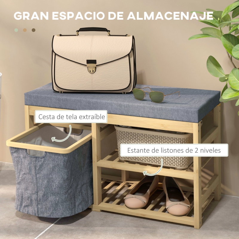 HOMCOM Mueble Zapatero con Asiento Cesta Extraíble y Estantes Abiertos para 4 Pares de Zapatos 69x30x45 cm Natural