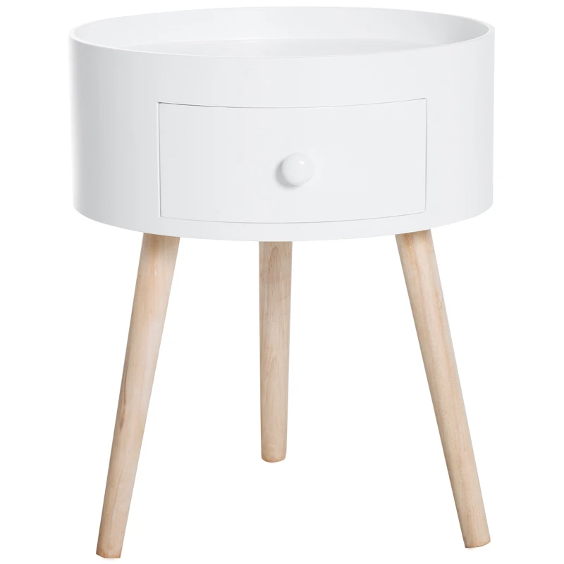 HOMCOM Table basse - table de chevet - table de nuit ronde - design scandinave table d'appoint bout de canapé avec tiroir pieds effilés inclinés bois massif chêne clair blanc