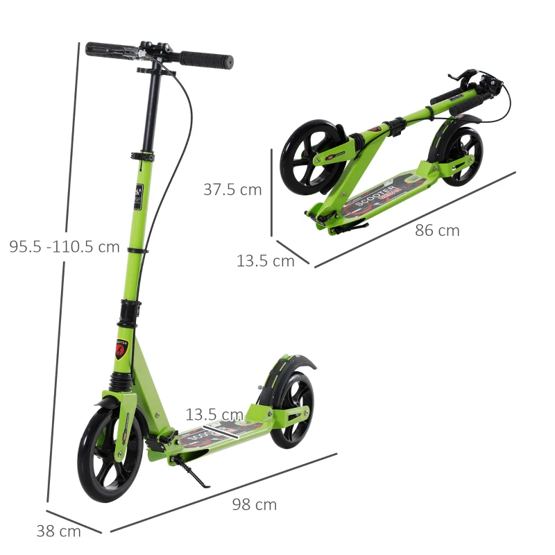 HOMCOM Teen/Adults Aluminium Foldable Kick Scooter w/ Shock Mitigation System - Green