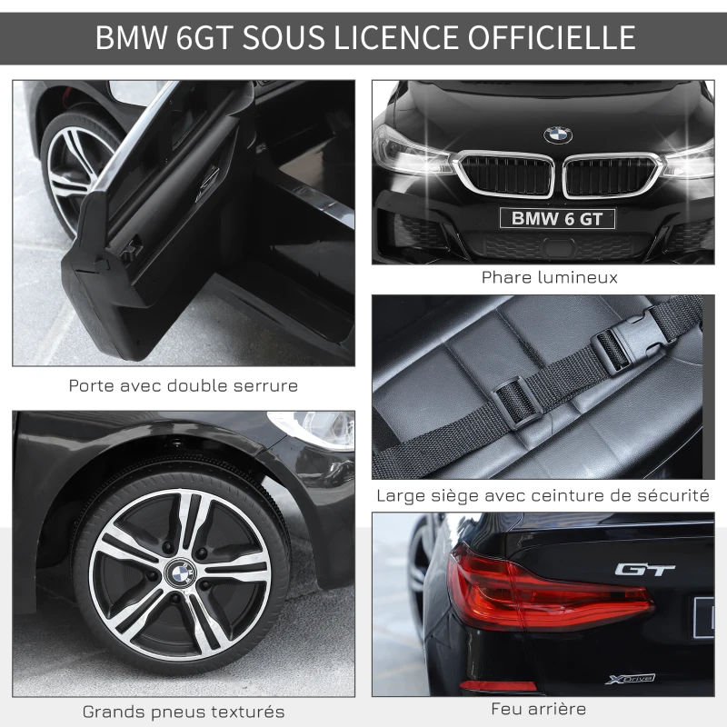 HOMCOM Voiture électrique Enfants 6 V 3 Km/h Max. Effets sonores et Lumineux télécommande Incluse Noir BMW 6 GT(m-7)