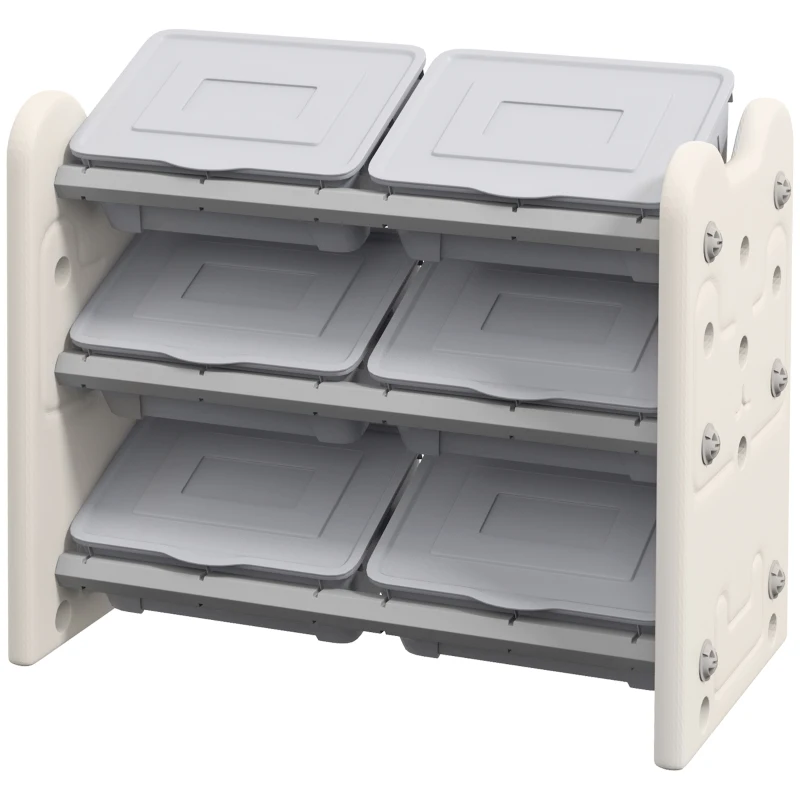 AIYAPLAY 3 Tier Kids Toy Storage Units with 6 Storage Boxes, 76 x 37 x 60cm, Grey