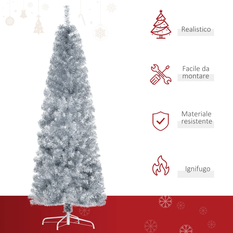 HOMCOM Albero di Natale Artificiale Alto 180cm con 618 Rami, Albero di Natale Slim con Base Rimovibile, in PET e Acciaio, Argento