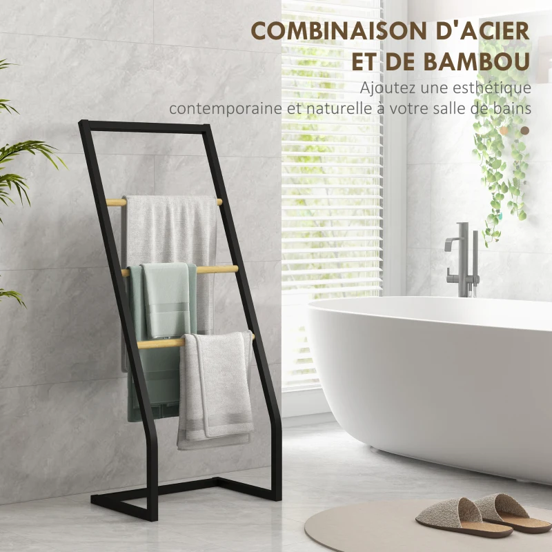 HOMCOM Porte-serviettes sur pieds en bambou et acier avec 4 barres support 40,5L x 28l x 98H cm - noir et naturel
