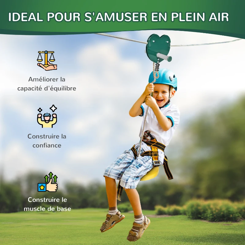 Outsunny Kits de tyroliennes pour enfants 6-10 ans poignée antidérapante corde réglable dispositif de protection d'arbre