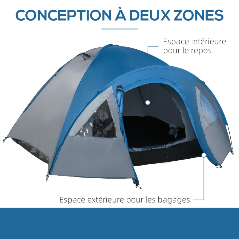 Outsunny Tente de camping familiale 4-5 personnes tente dôme étanche légère, ventilée facile à monter double porte et fenêtres dim. 3L x 2,50l x 1,30H m fibre verre polyester bleu marine
