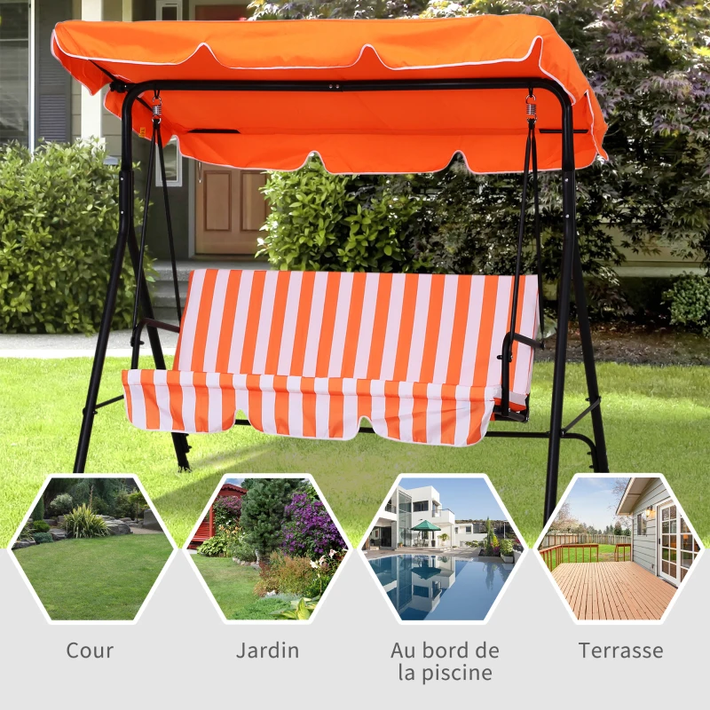 Outsunny Balancelle de Jardin 3 Places Toit Inclinaison réglable Coussins Assise et Dossier 1,72L x 1,1l x 1,52H m Acier Noir Polyester Orange