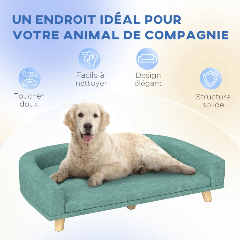 PawHut Canapé pour chien grand lit surélevé pour chien coussin lavable cadre en bois tissu polyester 98 x 67 x 25 cm vert clair