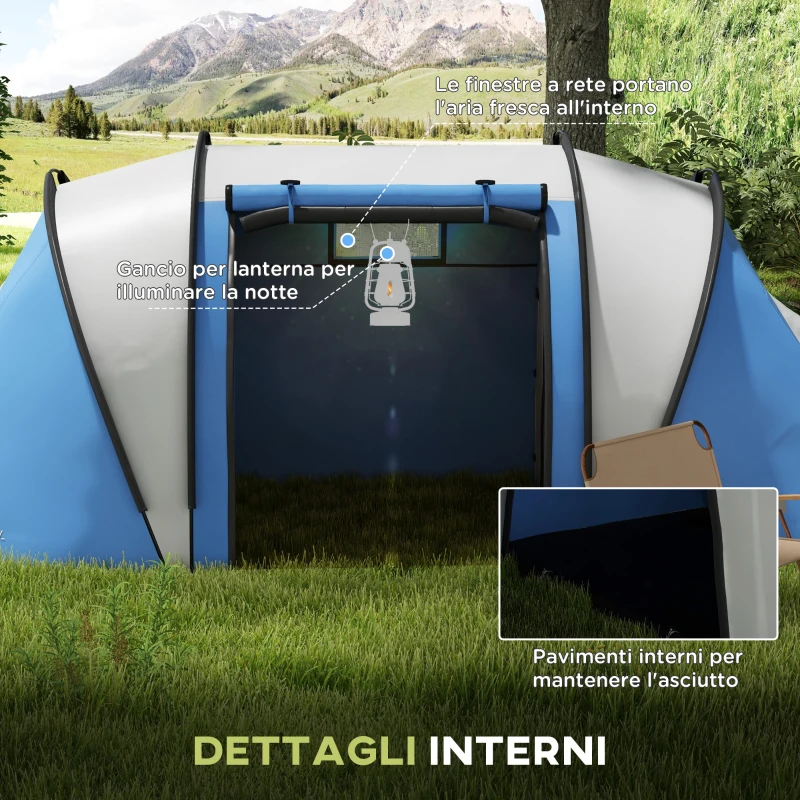 Outsunny Tenda da Campeggio 2 Posti Impermeabile con 2 Stanze Borsa di Trasporto, 220x450x180 cm, Blu