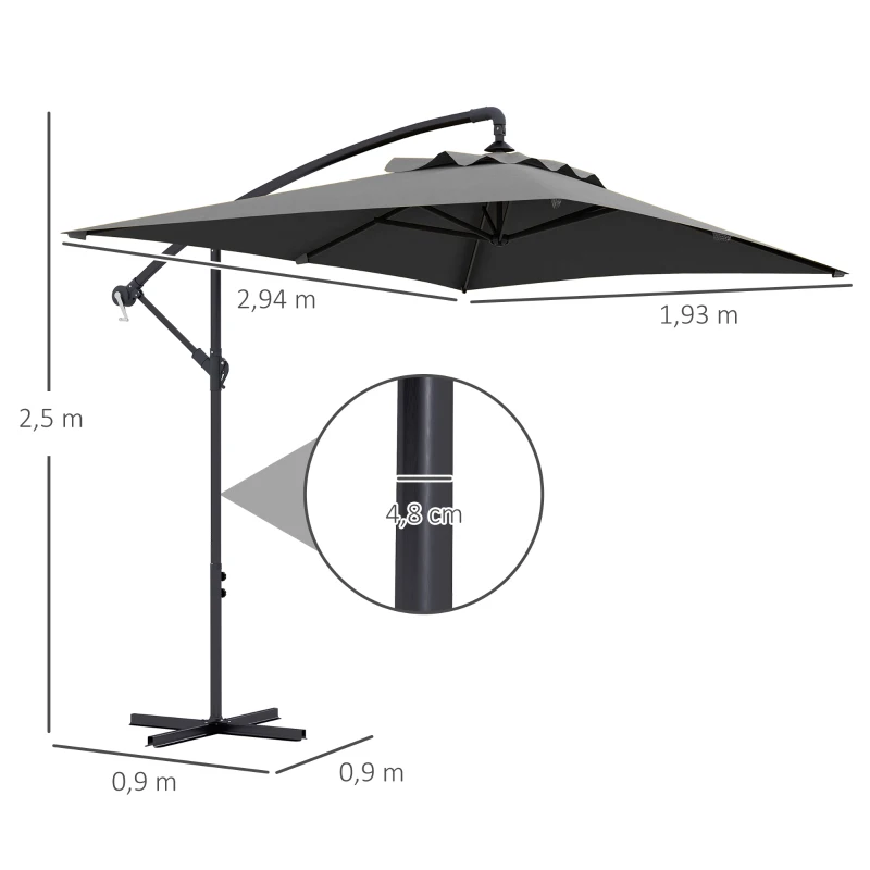 Outsunny Parasol déporté parasol rectangulaire extérieur manivelle et 6 baleines acier protection UV dim. 294L x 193l x 250H cm