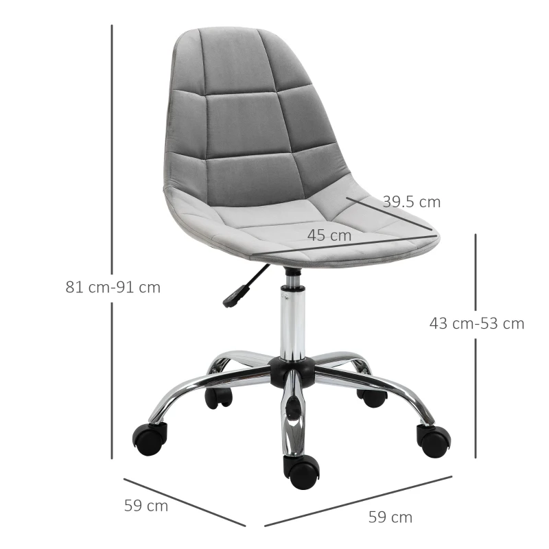 Vinsetto Sedia Girevole , Design Ergonomico e Regolabile Senza Braccioli, Grigio, 59x59x81-91cm