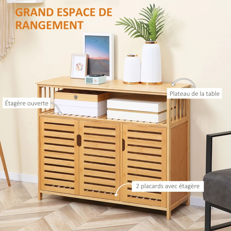 HOMCOM Buffet meuble de rangement 3 portes ajourées et étagères en bambou 100 x 35 x 82 cm naturel