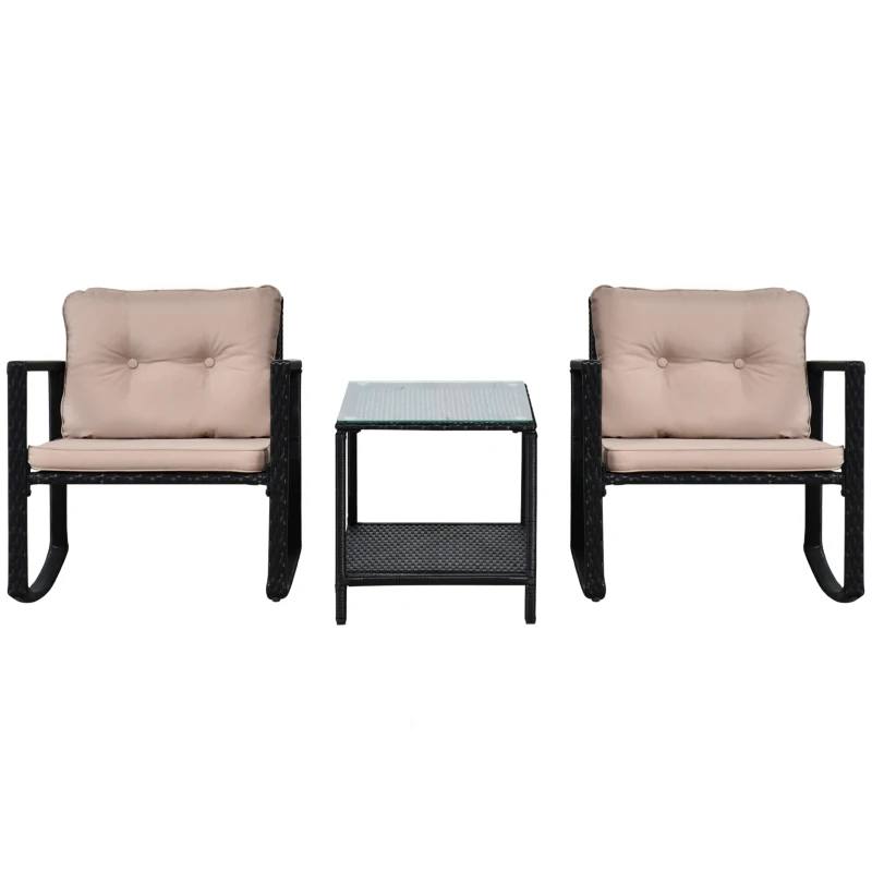 Outsunny 3 Pieces Rattan Garden Rocking Chair Set, Outdoor Rocking Bistro Set w/ 2 Cushioned Armchair and Glass Top Two-tier Coffee Table, Black