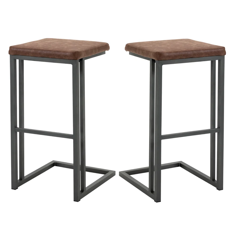 HOMCOM Set 2 Sgabelli da Bar e da Cucina, Sgabelli Imbottiti Design Vintage Stile Industriale, Finta Pelle e Metallo, Marrone