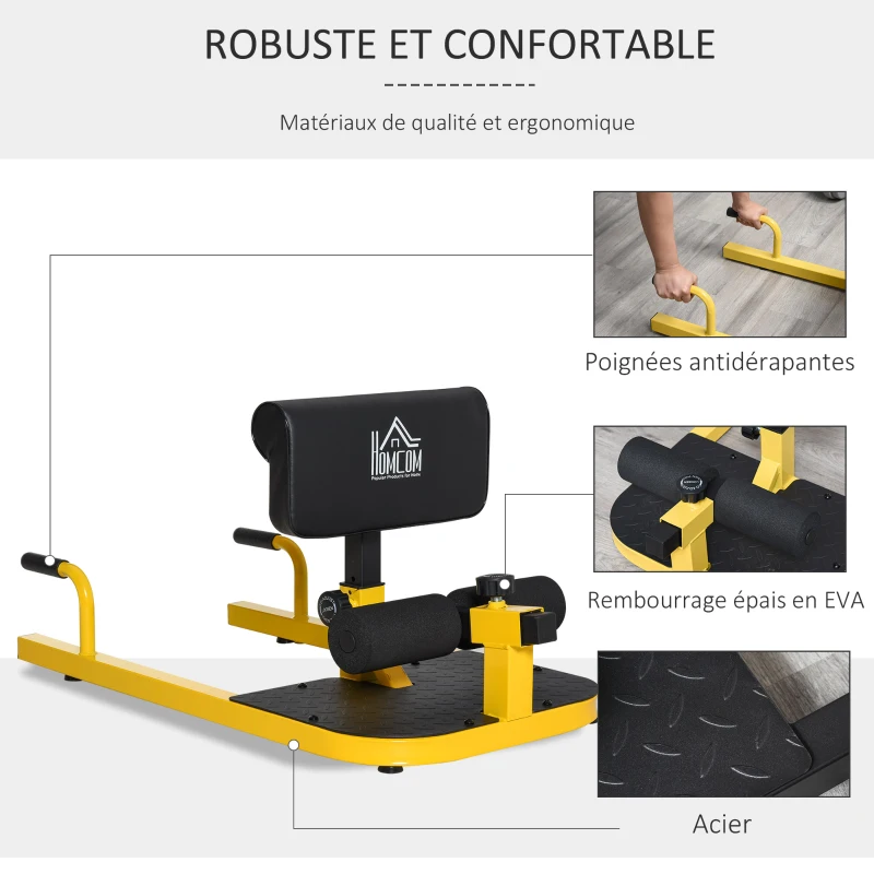 HOMCOM Machine à squats 3 en 1 appareil à abdominaux et dos équipement de fitness hauteur réglable 7 positions maison bureau gymnase acier jaune et noir