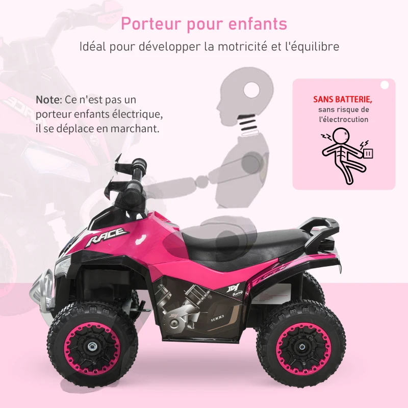 HOMCOM Porteur Enfants Quad 18-36 Mois dim. 67L x 38l x 44H cm Effets Lumineux et sonores Rose Noir PAS ÉLECTRIQUE(m-5)