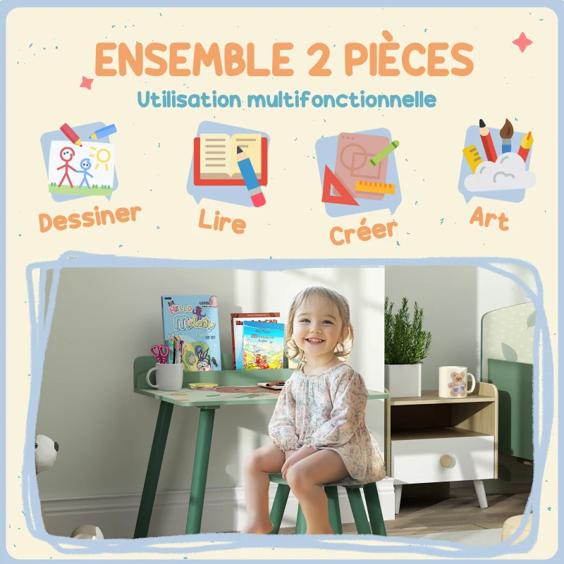 AIYAPLAY Ensemble table et chaise enfant table pour enfant avec chaise avec porte-livres motifs d'ours pour enfants 3-8 ans vert