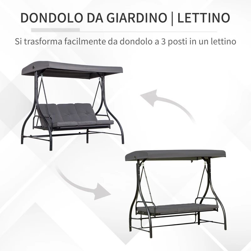 Outsunny Outusunny Dondolo Letto da Giardino 3 Posti con Tettuccio Regolabile, Metallo e Poliestere, Grigio