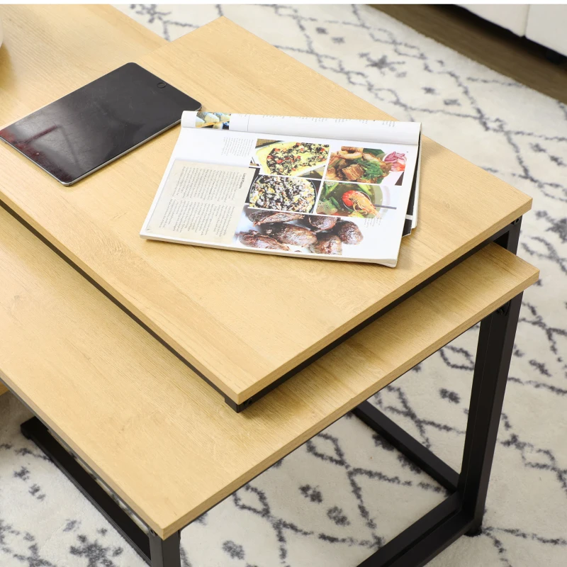 HOMCOM Set da 2 pezzi con Tavolino da Caffè e Tavolino laterale a C in Acciaio e Truciolato, Color legno