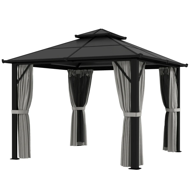 Outsunny 3 x 3(m) Hardtop Gazebo Canopy with UPF30+ Double Polycarbonate Roof, Aluminium Frame Garden Gazebo Permanent Pavilion with Mosquito Netting and Curtains for Patio, Deck, Grey