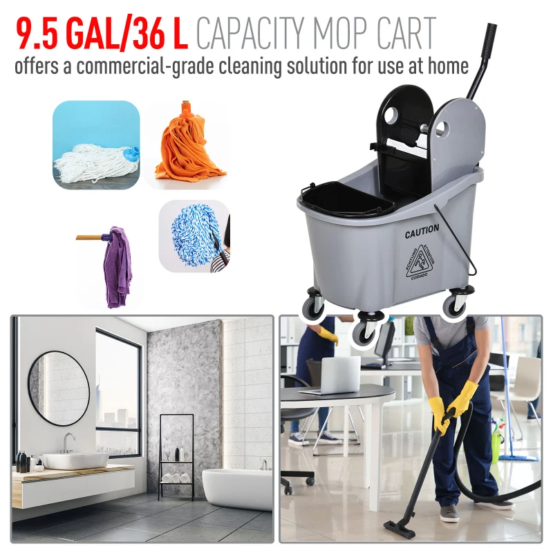 HOMCOM 9.5 Gallon/36L Mop Bucket Wringer Cart w/ Down Press Wringer, Wheels, Mop Holder