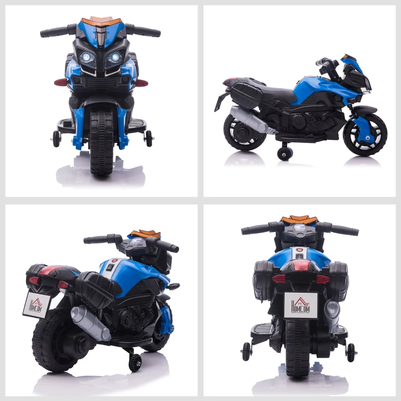 HOMCOM Moto électrique Enfant 6 V 3 Km/h Effet Lumineux et sonore roulettes Amovibles Repose-Pied valises latérales métal PP Bleu Noir(m-4)