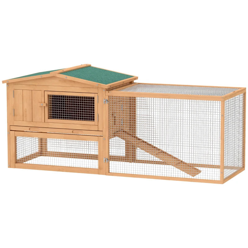 PawHut Clapier cage à lapins rongeurs 2 étages tiroir déjection enclos extérieur amovible toit ouvrant 158L x 58l x 68H cm bois massif pin