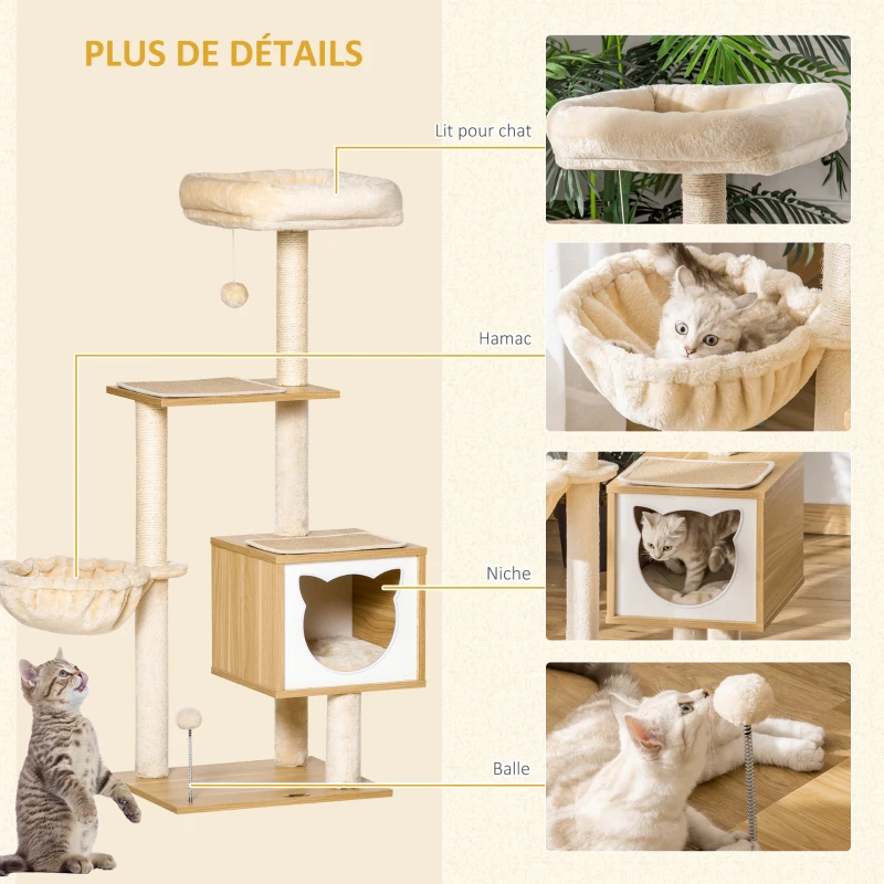 PawHut Arbre à chat griffoirs grattoirs multi-équipements niche hamac panier coussins amovibles hauteur 126 cm peluche courte sisal naturel beige