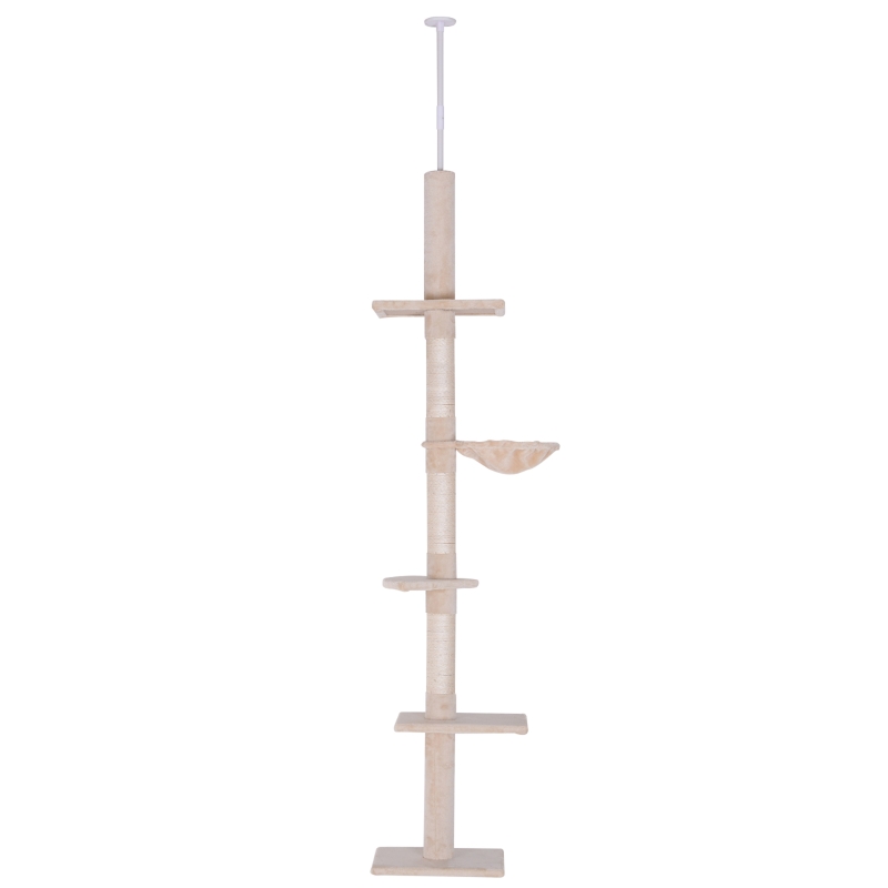PawHut Albero Tiragraffi Multilivello a Soffitto con Amaca e Altezza Regolabile, 40x34x230-260cm, Beige