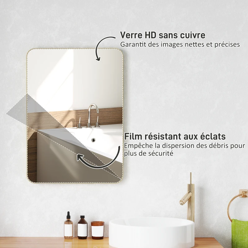 HOMCOM Miroir murale miroir salle de bain rectangulaire avec cadre en alliage d'aluminium or pour chambre, salon 50 x 70 cm
