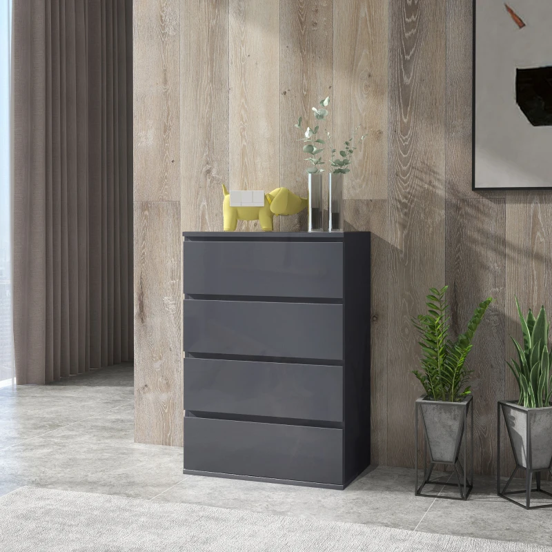 HOMCOM High Gloss Chest of Drawers, 4-Drawer Storage Cabinets, Modern Dresser for Bedroom, Grey