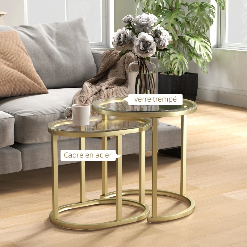 HOMCOM Lot de 2 tables basses tables d'appoint gigognes encastrables structure en acier et plateau verre trempé transparent or